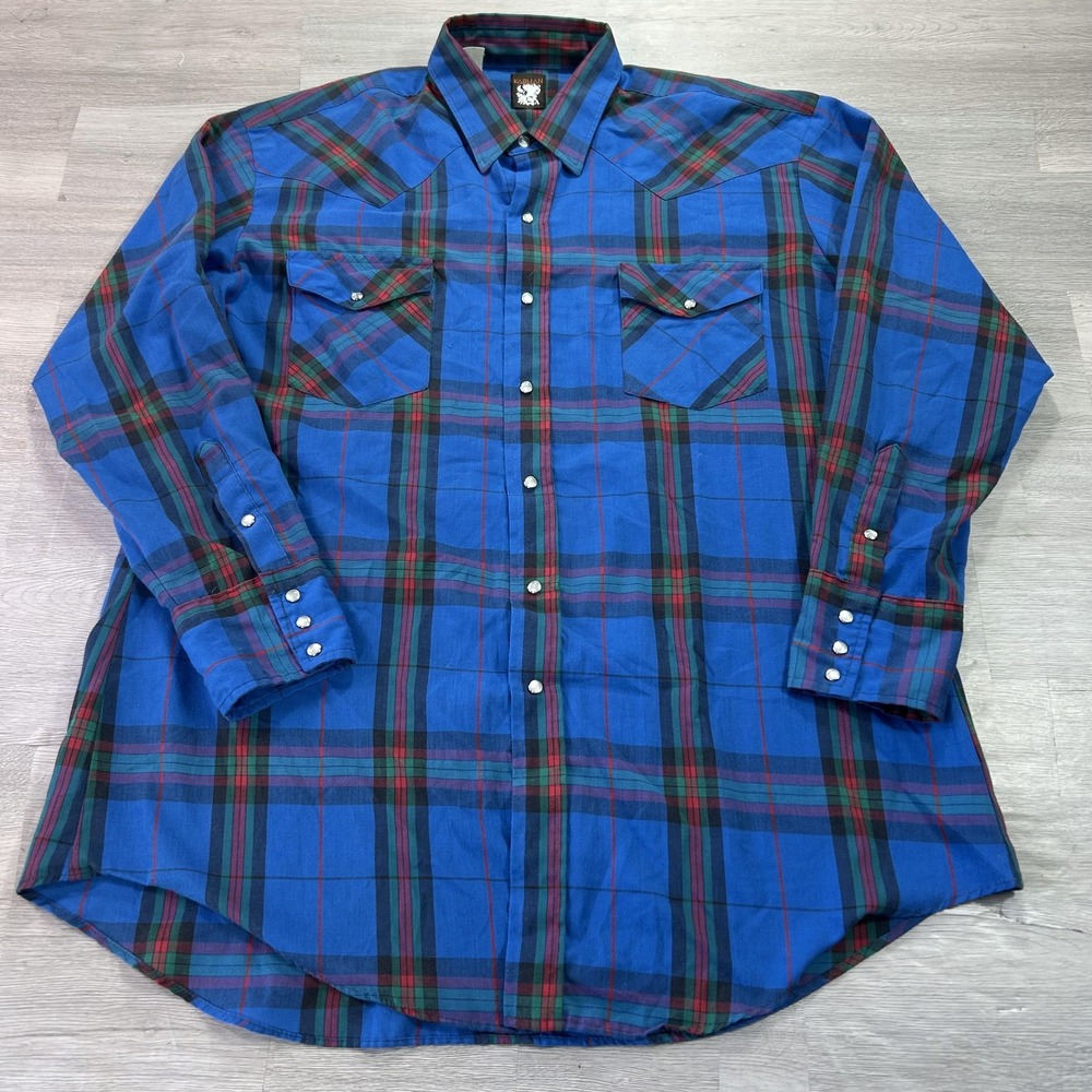 Karman Shirt Mens XL Blue Plaid Long Sleeve Western Snap Button Up Casual